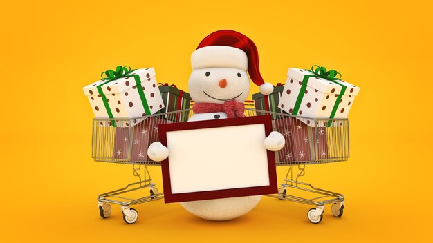 Snowman with santa hat and shopping cart