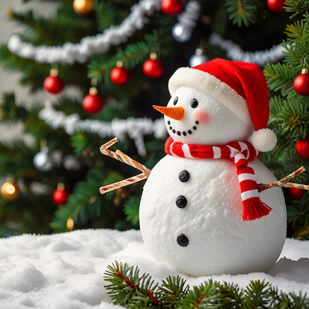 A snowman with a Santa hat stands before a Christmas tree