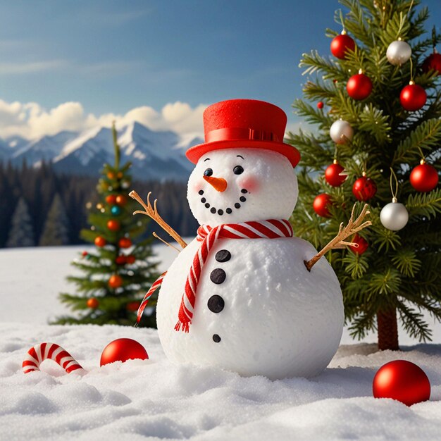 A snowman with a Santa hat stands before a Christmas tree