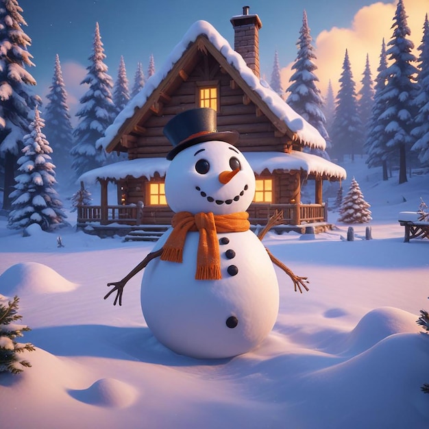 a snowman with a scarf around his neck stands in front of a cabin