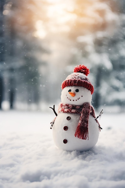 Photo snowman with scarf and hat in winter forest christmas background