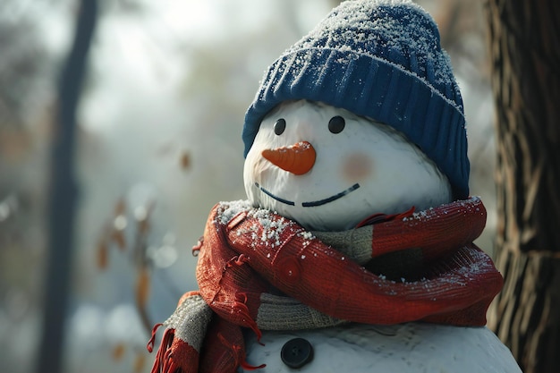 Snowman with scarf and hat in winter park Close up