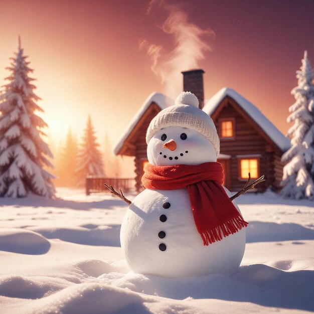 a snowman with a scarf and a scarf in front of a cabin