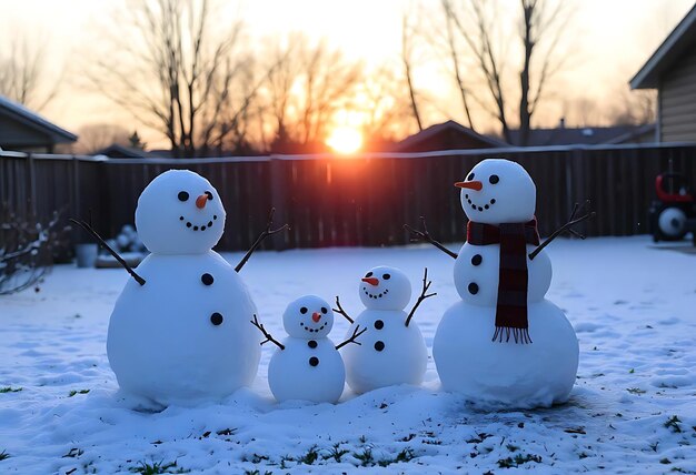 Photo snowman with a scarf and a scarf with the sun behind them