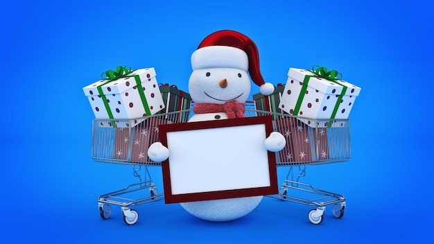 A snowman with a shopping cart full of presents