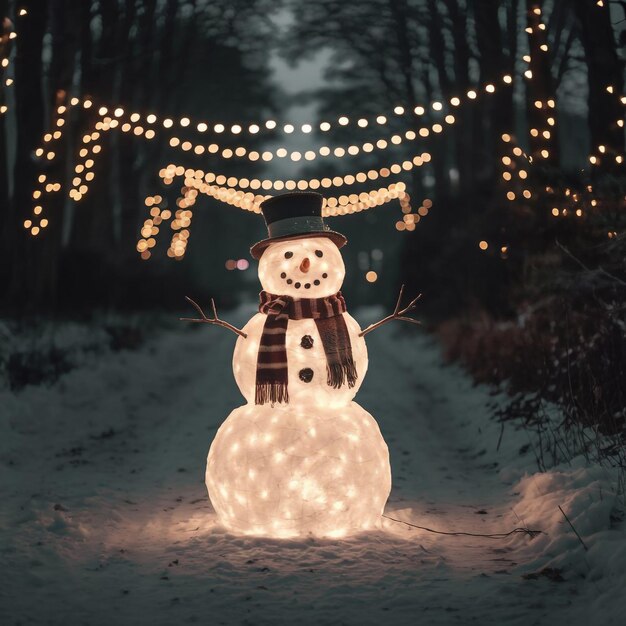 Photo a snowman with a snowman on it is covered in lights