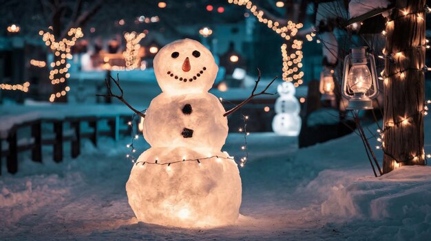 Photo a snowman with a tree in the background with lights around it