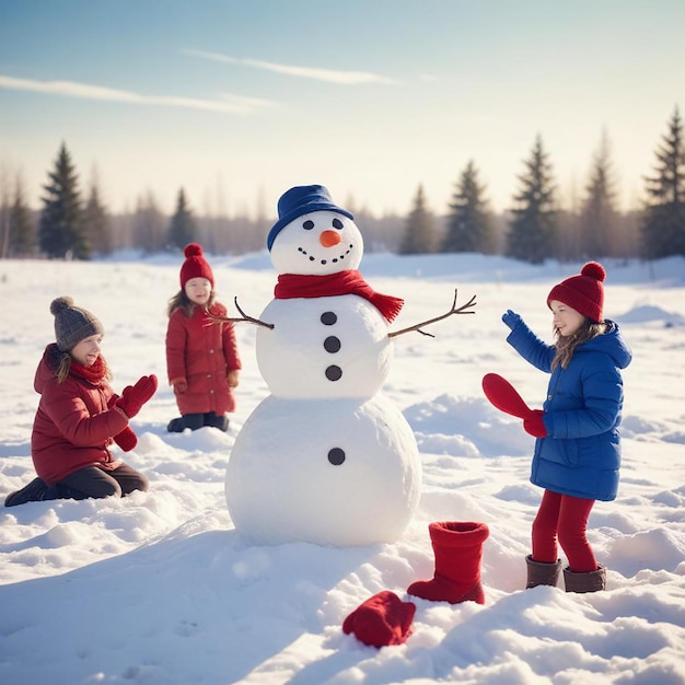 Photo a snowman with two children in the snow