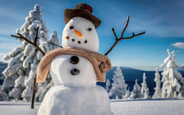 snowman with winter landscape and snow