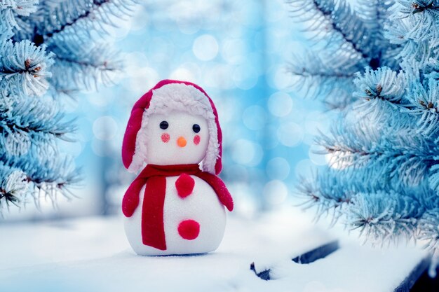 Snowman in the woods near the snow-covered fir trees in sunny weather. Christmas and New Year greeting card