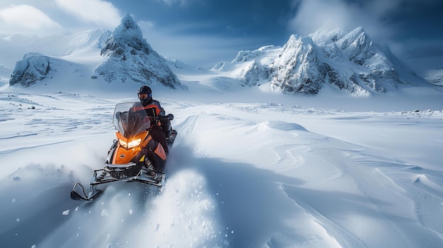 Photo snowmobile adventure in majestic snowy mountains generative ai