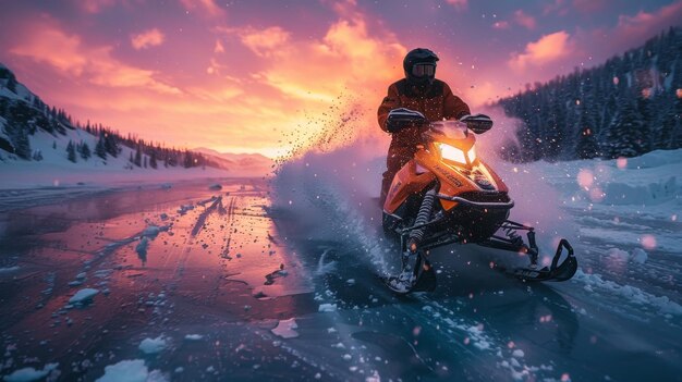 Photo snowmobile adventure at sunset generative ai