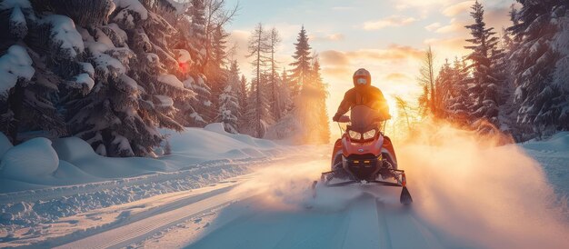 Photo snowmobile rider in winter wonderland at sunset with snowcovered trees and scenic landscape