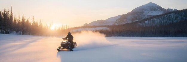 Photo snowmobile speeding across snowy landscape