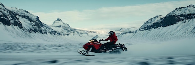 Photo snowmobile speeding across snowy landscape