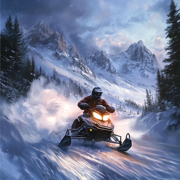 A snowmobile speeding through a snowy mountain trail