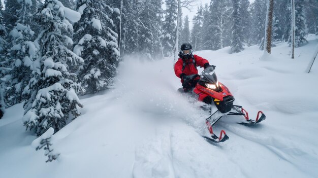 Photo a snowmobiler in a bright red outfit navigates a snowy trail in a forest kicking up snow as they glide through the serene winter landscape filled with tall trees