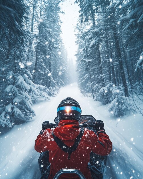 Photo snowmobiler navigating a snowy forest trail during a winter snowstorm in the mountains