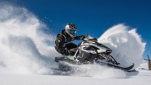 Snowmobiler racing through snowy landscape