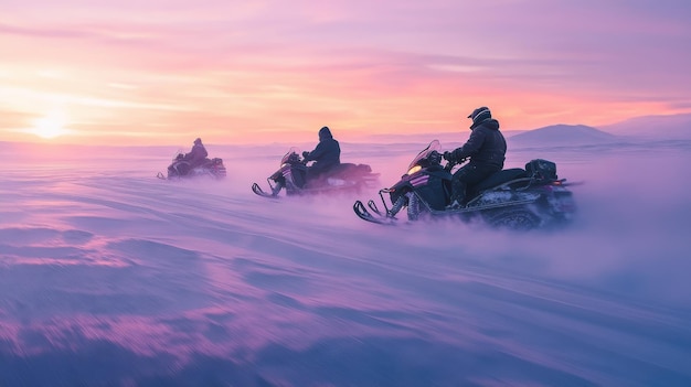 Photo snowmobiles speeding across a frozen landscape with riders bundled up in winter