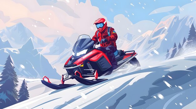 Photo snowmobiling man driving a snowmobile in a winter mountain background wearing a helmet