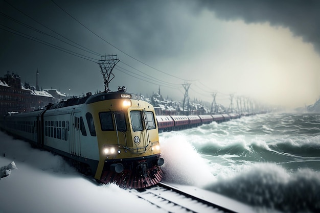 Snowplow train with turbines that hurtles through the snowdrifts on the railway Generative AI