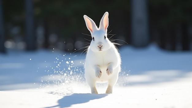 Photo snowshoe hare leaping in fresh snow white coat against evergreens sunlight and soft shadows