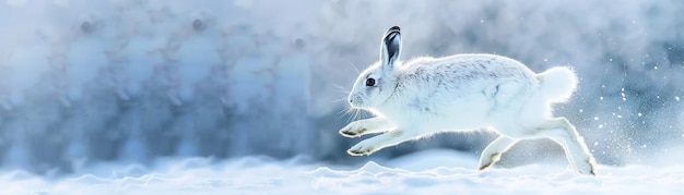 Photo a snowshoe hare leaps energetically across a snowcovered landscape blending seamlessly with its wint