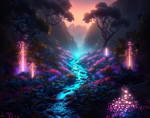 Snowstorm Rose Trail Twilight Glowing Rose Forest with Firefly and lava crystal Luminous AI Generat