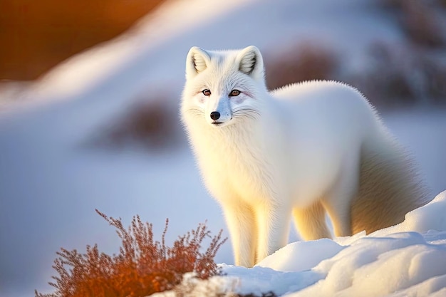 Snowwhite arctic fox with red sides climbs up hill in snow