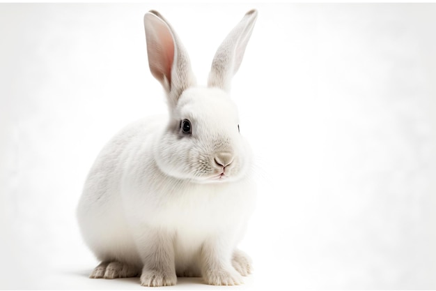 Snowwhite fluffy easter bunny with raised ears isolated on white background