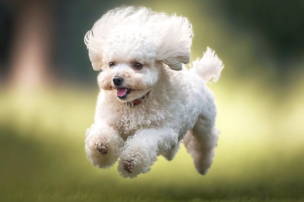 Snowwhite fluffy little poodles on blurred background of green grass