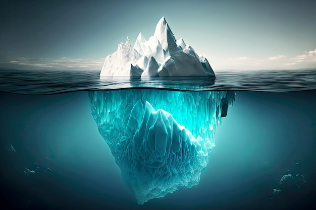 Snowwhite peaks of floating iceberg and huge part of it hiding in icy water of ocean