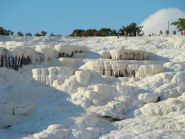 Snowwhite travertines Pamukkale Turkey Close view