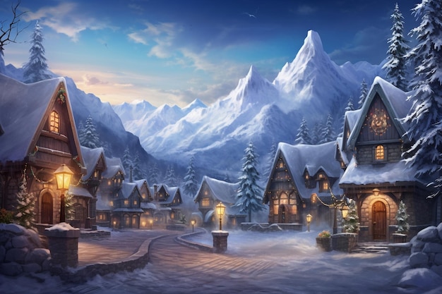 Snowy Alpine Haven Twinkling Cottages Amidst Mountain Majesty