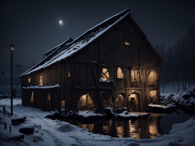 A snowy barn with a moon in the background