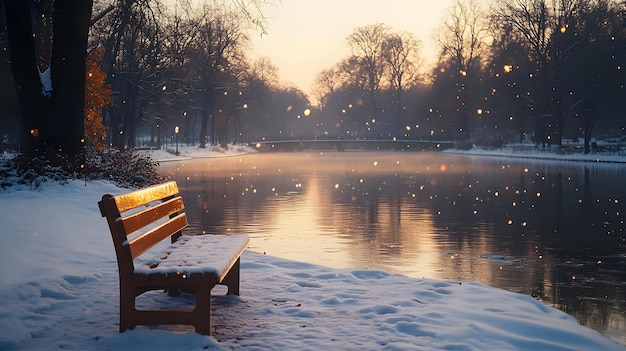 Photo snowy bench by the water winter landscape illustration