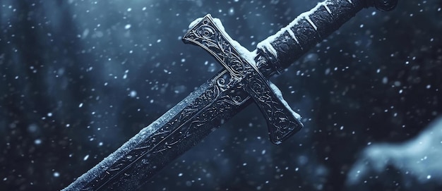 Photo on a snowy black background the image of an old silver sword in fantasy style is on a silver background