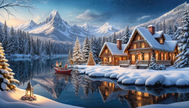 Photo snowy cabin by a lake with a boat