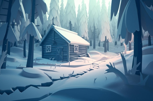 A snowy cabin in a snowy forest.