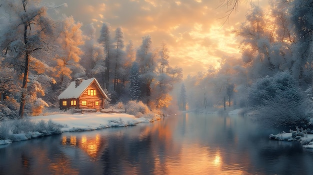 Snowy Cabin in Winter Forest Illustration