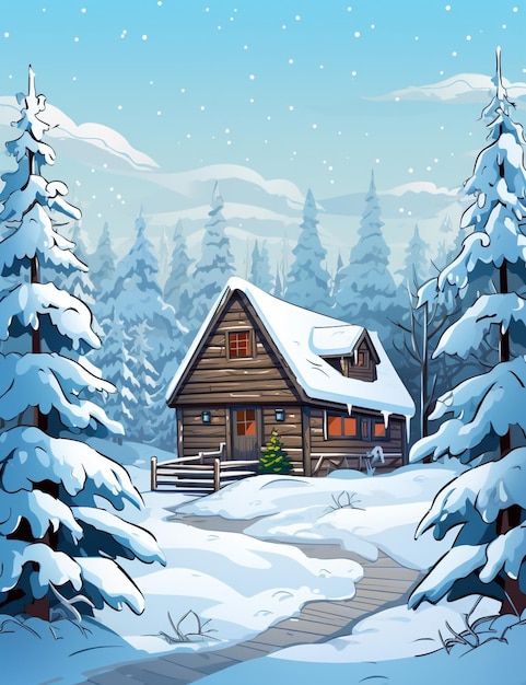 Snowy cabin in the woods with a path leading to it generative ai