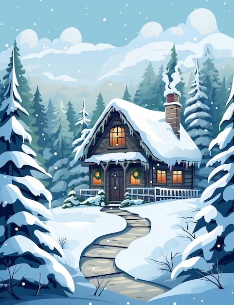 Snowy cabin in the woods with a pathway leading to it generative ai