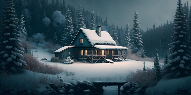 A snowy cabin in the woods with a snowy background.