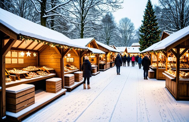 Photo snowy christmas market with wooden stalls and ecofriendly products