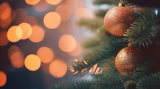 Snowy Christmas Tree CloseUp with Festive Ornaments and Bokeh Background