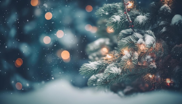 A snowy christmas tree in the snow with a christmas tree in the foreground