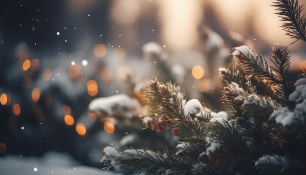 A snowy christmas tree in the snow with a christmas tree in the foreground