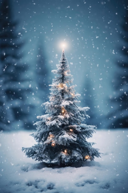 A snowy Christmas tree on a snowy background