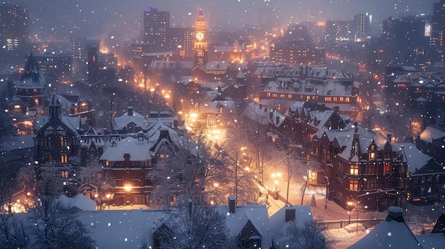 Snowy city landscape at night with glowing lights and winter ambiance